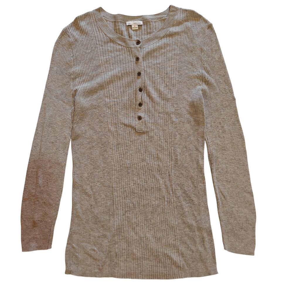 Gap Ribbed Henley Top Beige Long Sleeve Button Front Knit Size M